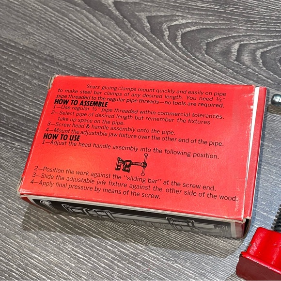 VINTAGE SEARS CRAFTSMAN 1 Set Of Gluing Clamps 1/2” Threaded Pipe In Box - Picture 3 of 6